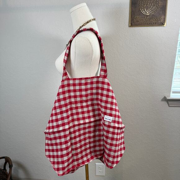 Women's Linen Tales Red Gingham 100% Linen Big Bag Tote Carryall NEW - Picture 1 of 7
